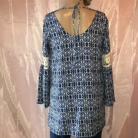 ING Blue White Tunic Top Dress Size Small S Bell Sleeves Scoop Neck - Picture 8 of 11